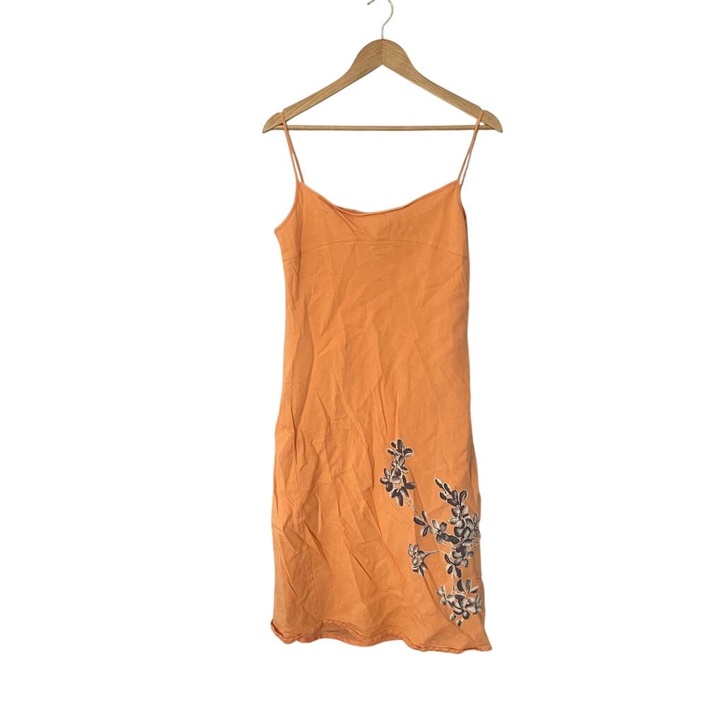 Vintage Summer Dress Vacation Orange Spaghetti Strap Tropical Ramie Cotton sz S